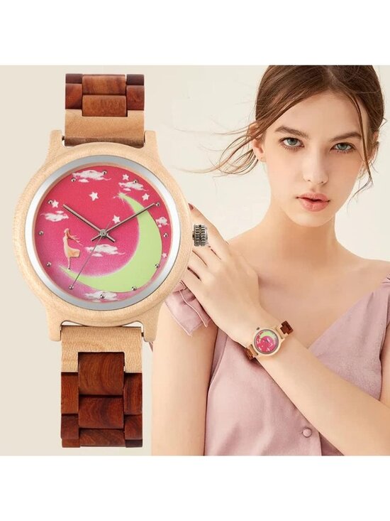 Women\'s Pink Analog Quartz Couples Colorful Bamboo Classic Design Wooden Watch main image 4